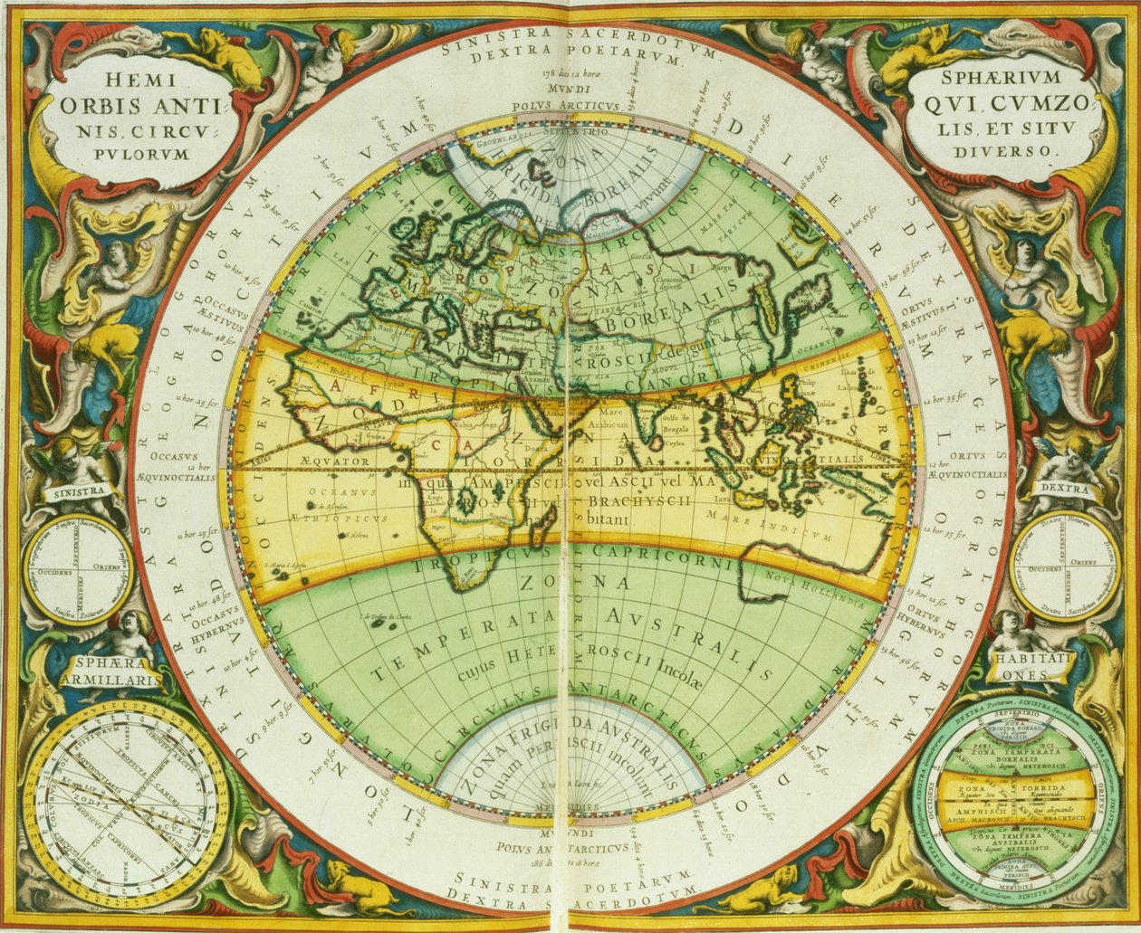 Verdens gamle halvkugler, planche 94 fra "The Celestial Atlas, or the Harmony of the Universe" (Atlas coelestis seu harmonia macrocosmica), udgivet af Joannes Janssonius, Amsterdam, 1660-1 (gravering). af Andreas Cellarius