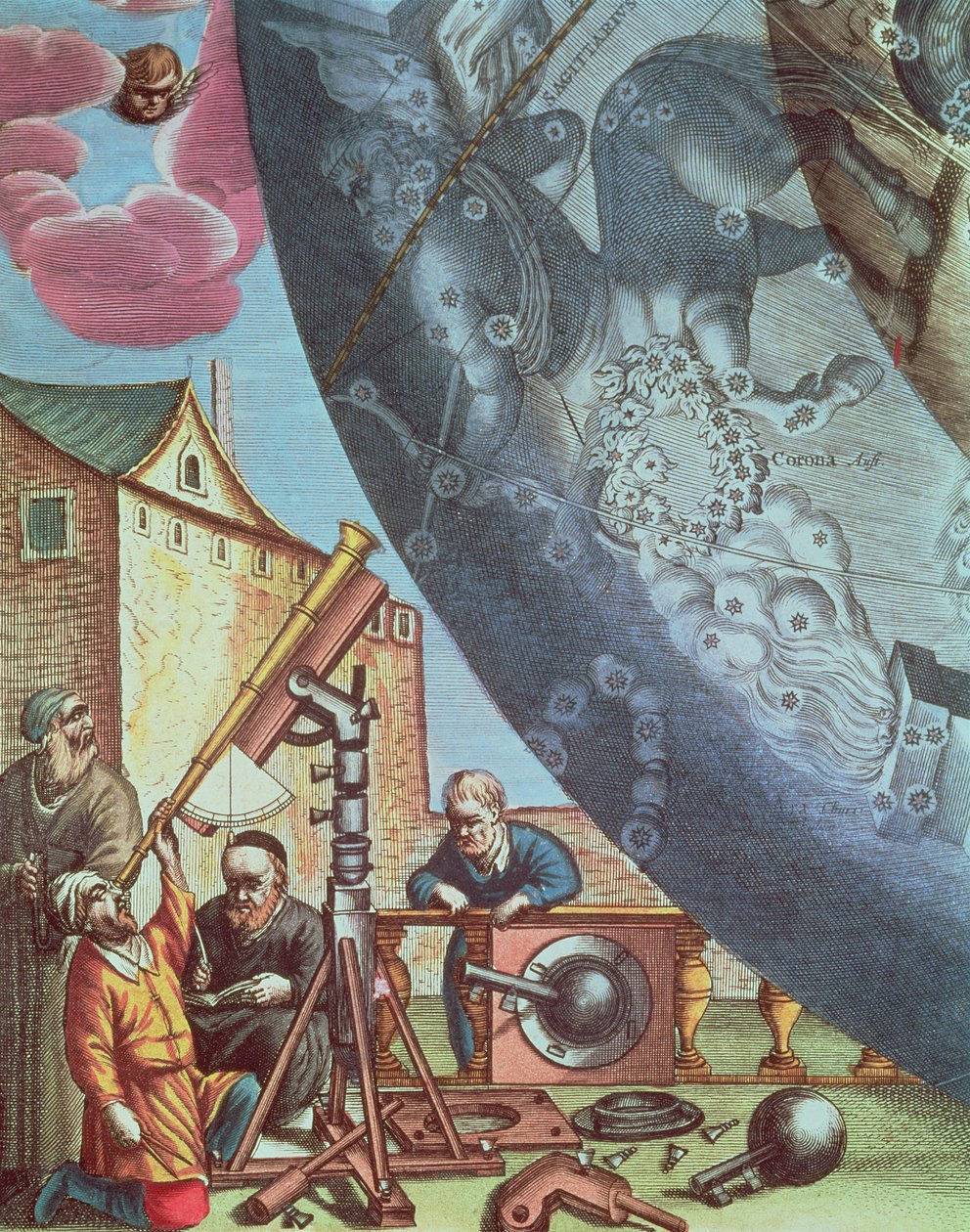 Astronomer ser gennem et teleskop, detaljer fra et kort over stjernebillederne fra pubben 