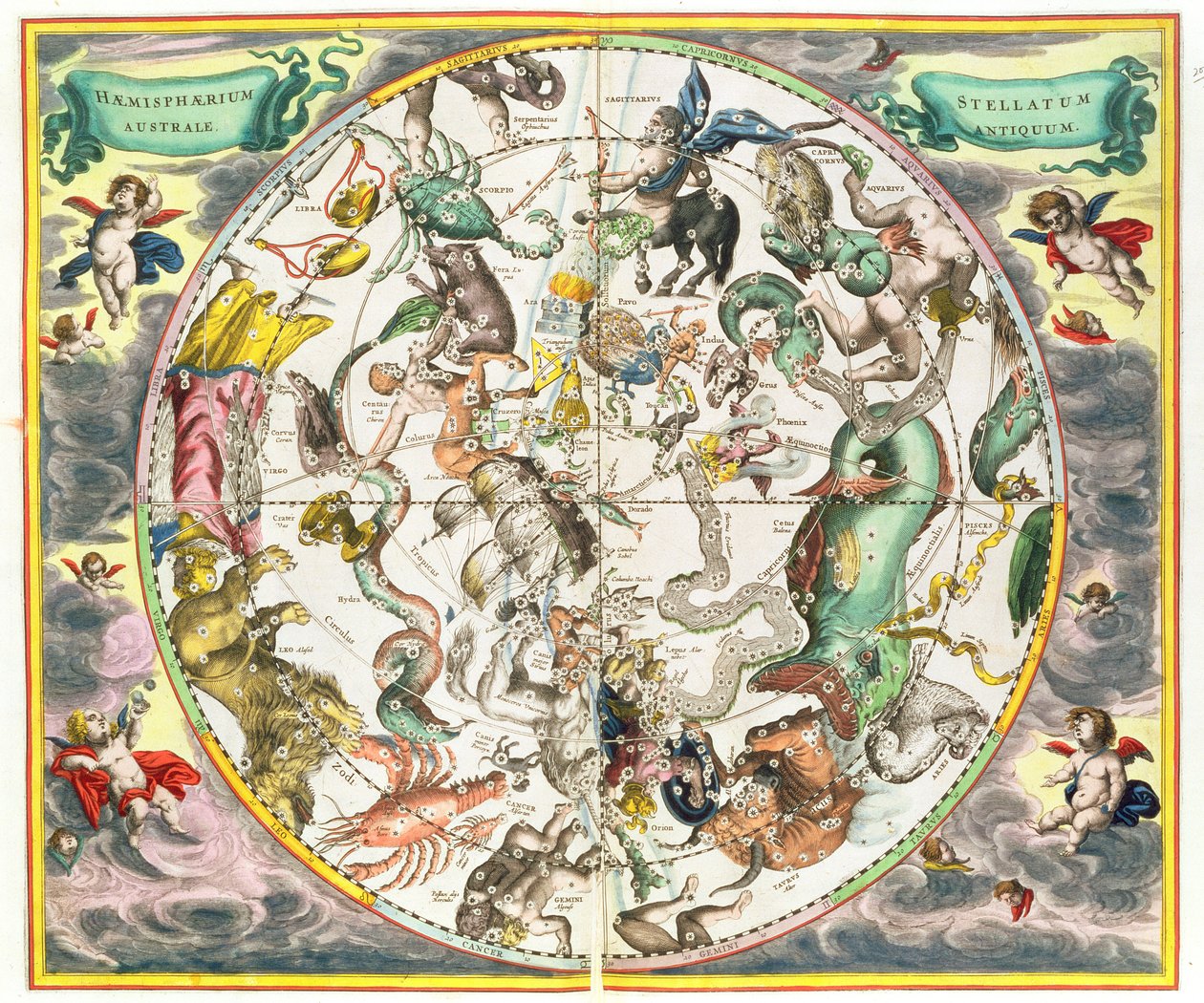 Kort over den sydlige halvkugle, fra "The Celestial Atlas, or The Harmony of the Universe" (Atlas coelestis seu harmonia macrocosmica), udgivet af Joannes Janssonius, Amsterdam, 1660-61 (håndkoloreret eng af Andreas Cellarius
