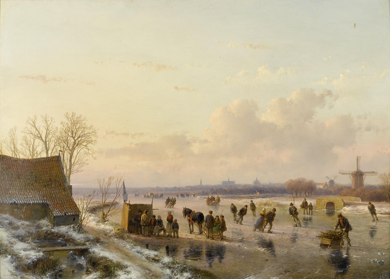 Vinterlandskab med skatere, Haarlem i det fjerne af Andreas Schelfhout