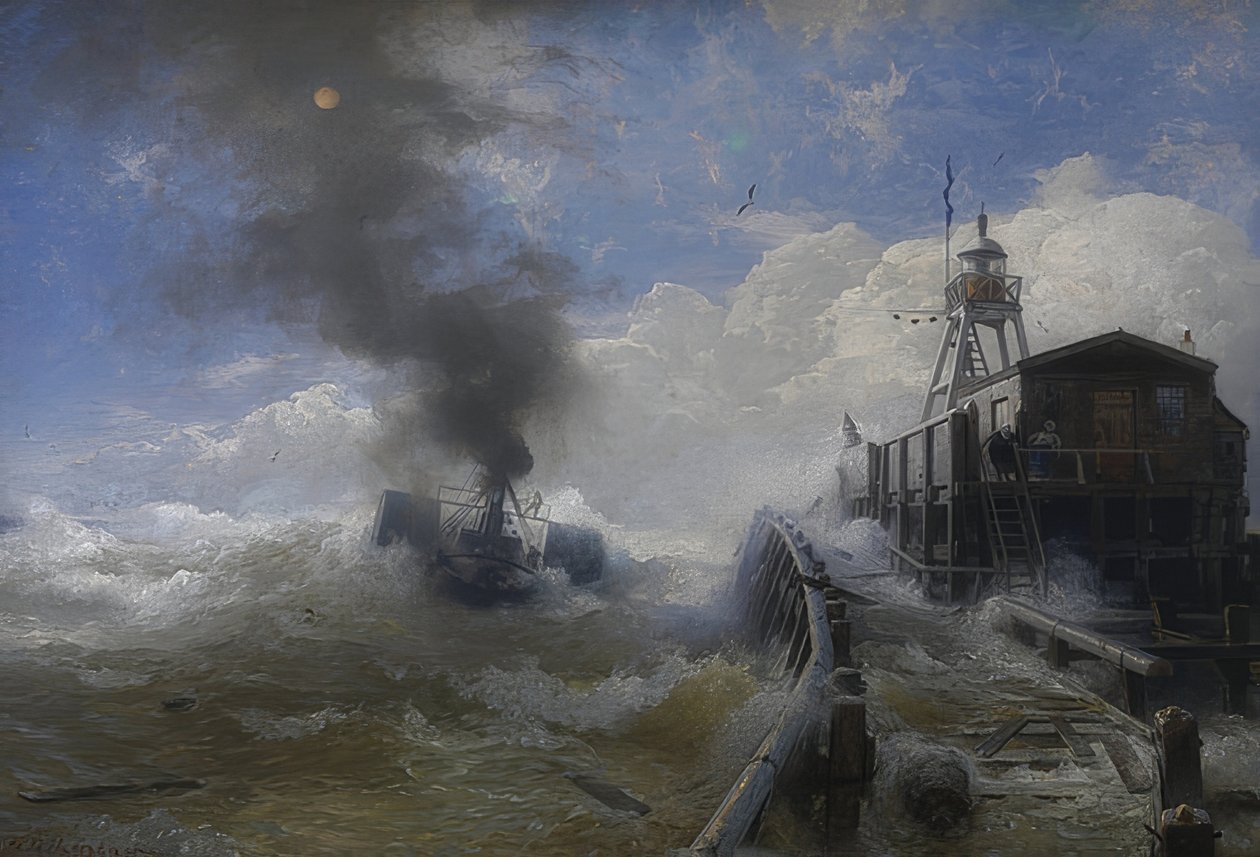 En slæbebåd forlader havnen i Oostende ved højvande. 1878 af Andreas Achenbach