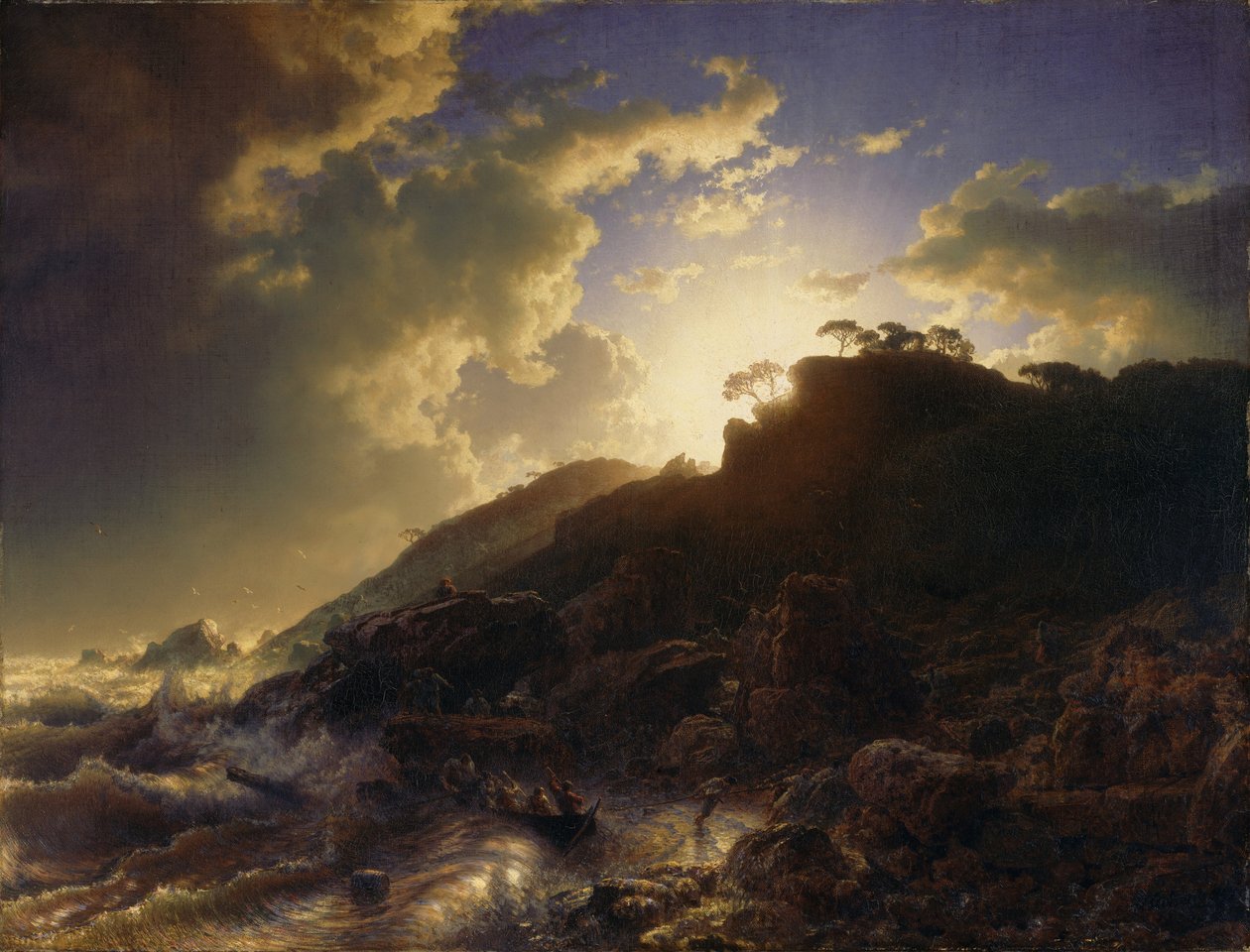 Fransk: Coucher de soleil après une tempête sur la côte de la Sicile Solnedgang efter en storm på Siciliens kyst af Andreas Achenbach