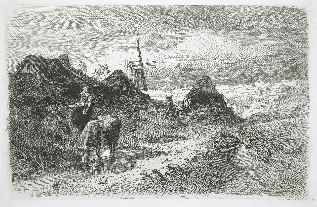Landskab med hytter og vindmølle af Andreas Achenbach