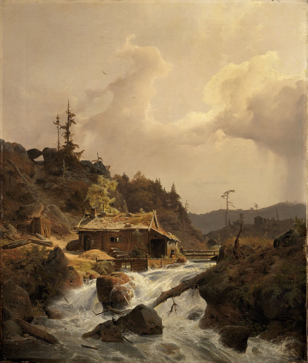 Norsk landskab med savmølle af Andreas Achenbach