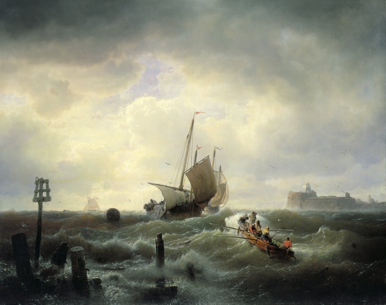 Indsejlingen til havnen ved Hellevoetsluys af Andreas Achenbach