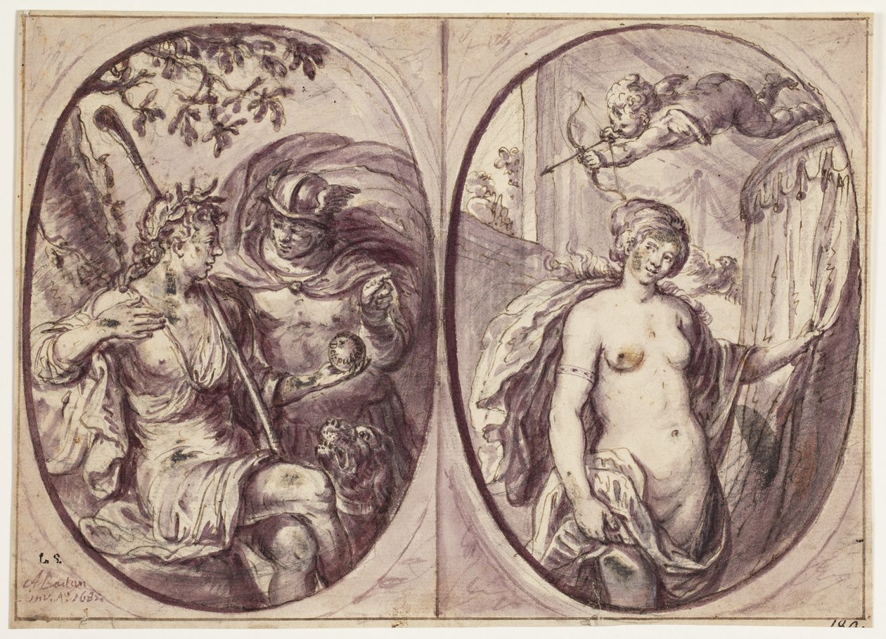 To ovale kompositioner på ét blad. Til venstre sidder en hyrdinde (Diana?) med stav og en hund ved sin side. Hun holder et æble, som Merkur i kappe synes at have bragt hende; på dette står: "Det: pulcherrima". I ovalen til højre er en næsten nøgen, stående af Andreas Bodan II