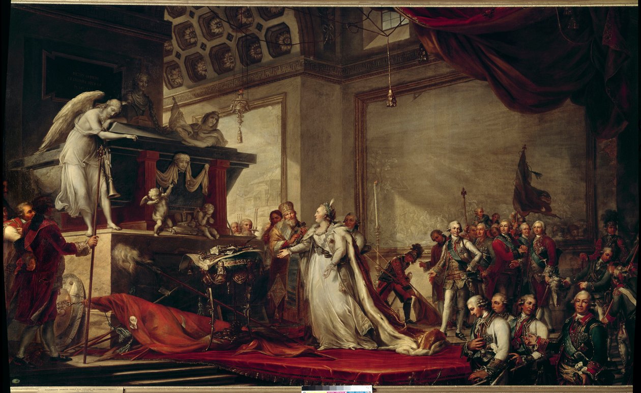 Impress Catherine II af Rusland (1729-1796) placerer trofæerne taget fra tyrkerne foran Peter den Stores gravmaleri fra 1791 af Andreas Caspar Hune (Huene) (1758-1813) - Pushkin (by) - (Catherine Palace) ?) af Andreas Caspar Hune