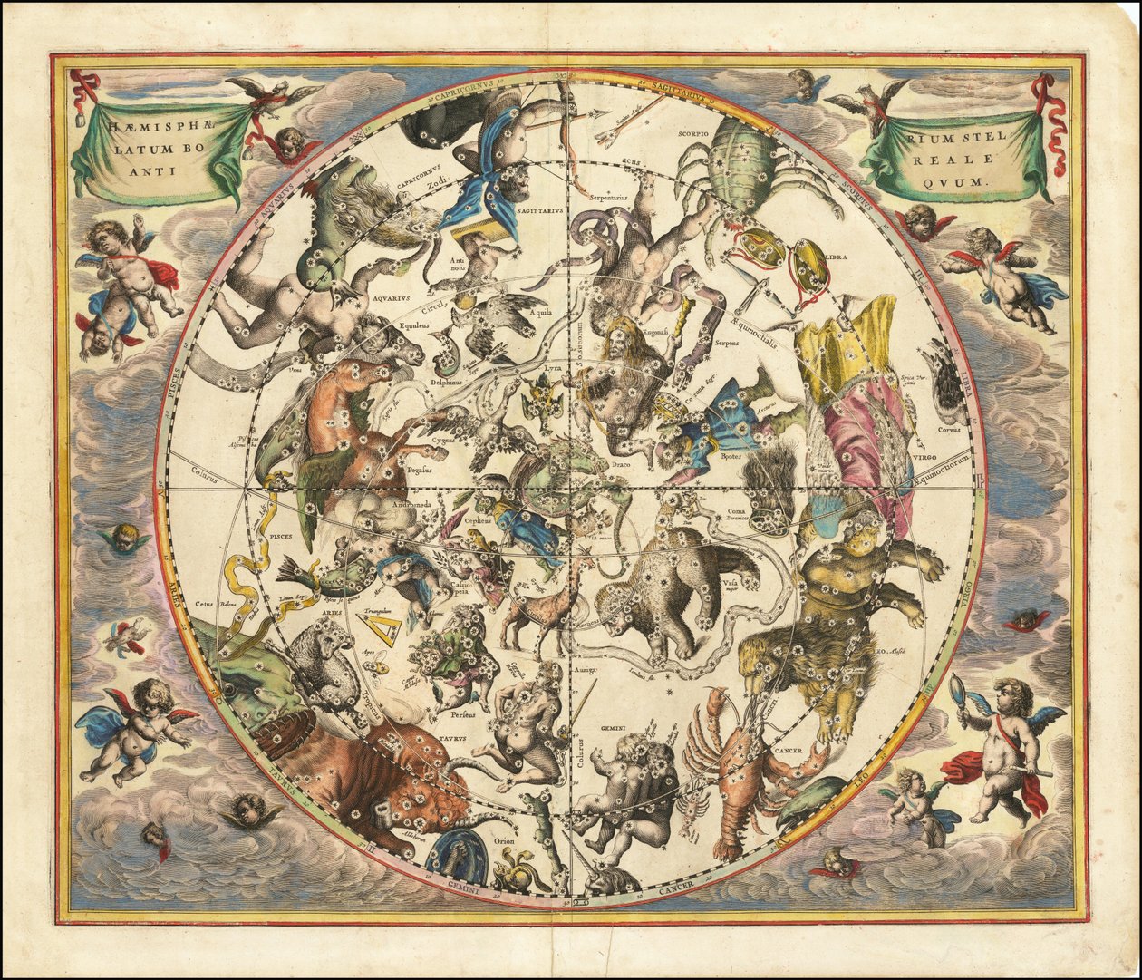 Himmelkort fra 1660, der illustrerer konstellationerne på den nordlige halvkugle overlejret på jordens sydlige halvkugle. af Andreas Cellarius