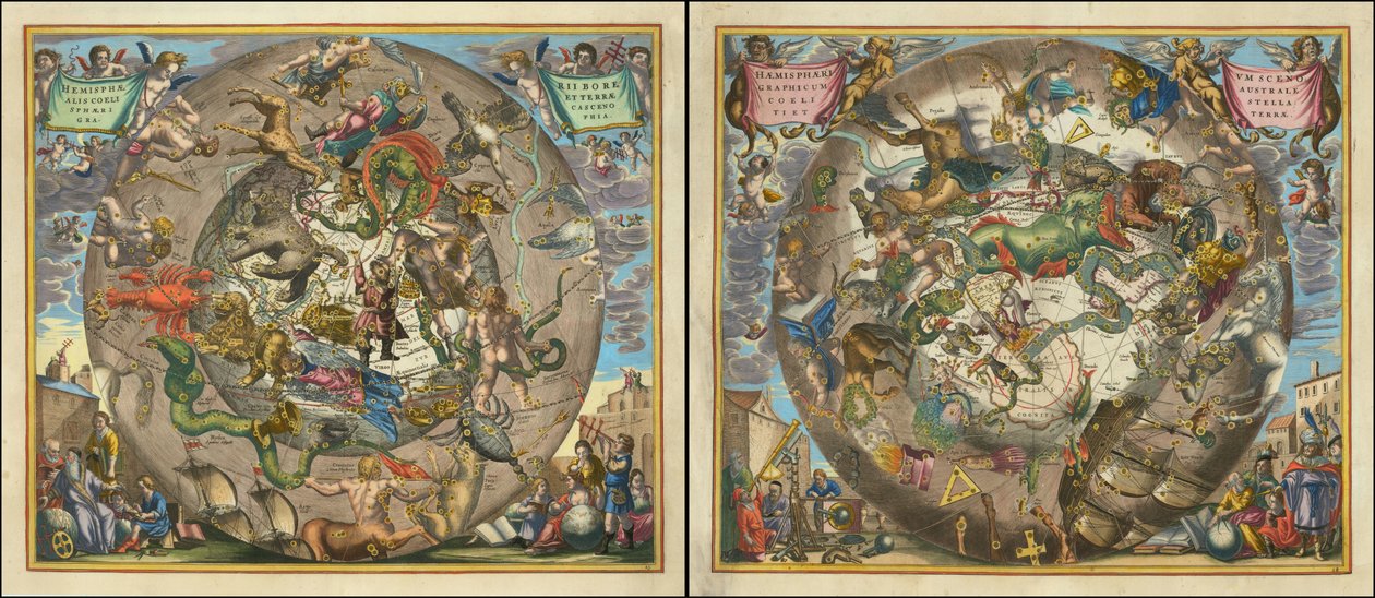 Hemisphaerii Borealis Coeli et Terrae Sphaerica Scenographia - Haemisphaerium Scenographicum Australe Coeli Stellati et Terrae af Andreas Cellarius