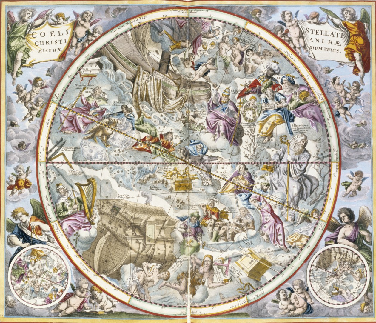 Kort over de kristne konstellationer som afbildet af Julius Schiller, fra The Celestial Atlas, eller The Harmony of the Universe atlas coelestis seu harmonia macrocosmica pub. af Joannes Janssonius, Amste af Andreas Cellarius