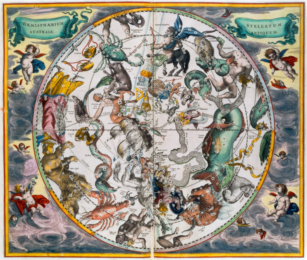 Kort over den himmelske sydlige halvkugle, 1660-1661 af Andreas Cellarius