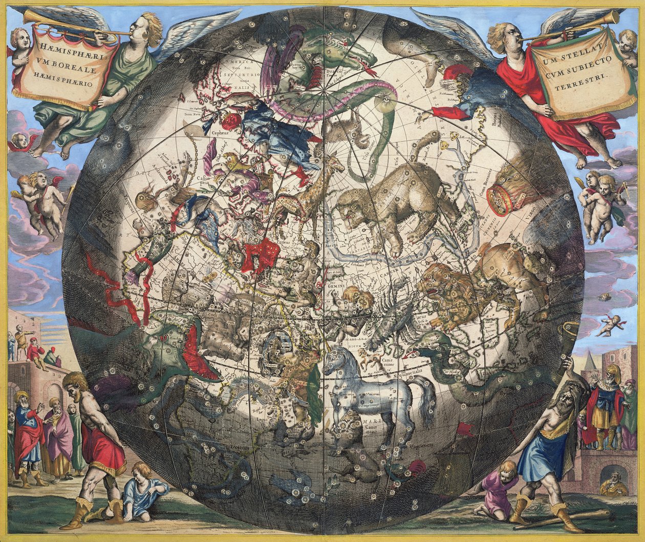 Den nordlige (boreale) halvkugle, fra "The Celestial Atlas, or the Harmony of the Universe", graveret af Pieter Schenk (1660-1719) og Gerard Valk (1651-1726) (håndkoloreret gravering) af Andreas Cellarius