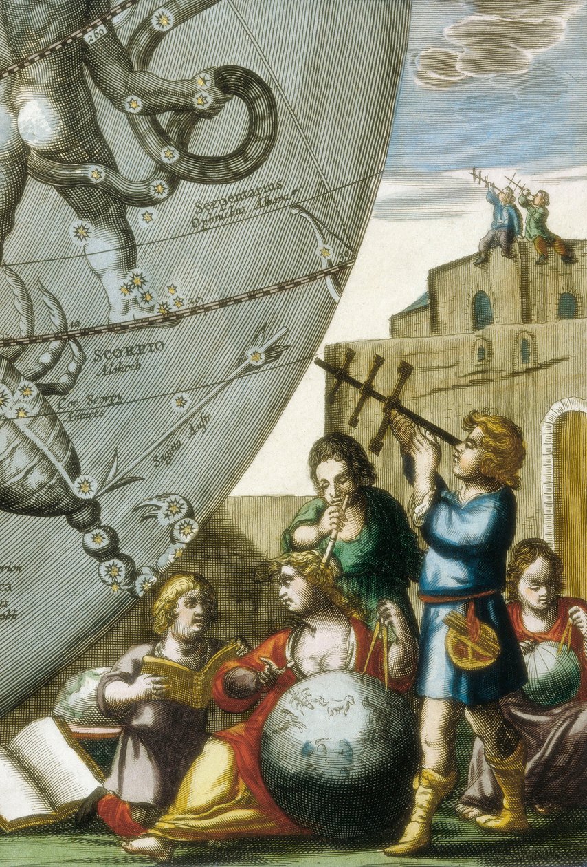 Forskere (astrologer og astronomer) studerer glober og himmelkort, detaljer fra Atlas Coelestis seu Harmonia Macrocosmica af Andreas Cellarius (1596-1665) af Andreas Cellarius