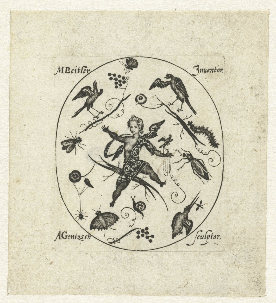 Oval med putto omgivet af fugle, sommerfugle og insekter Moderne grotesker i form af sorte ornamenter (serietitel) af Andreas Gentzsch