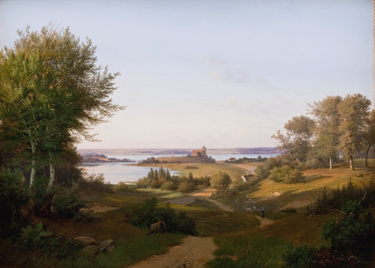Udsigt over Bakken ved Skanderborg Slot, Jylland, og Mindesmærket for Frederik VI af Andreas Juuel
