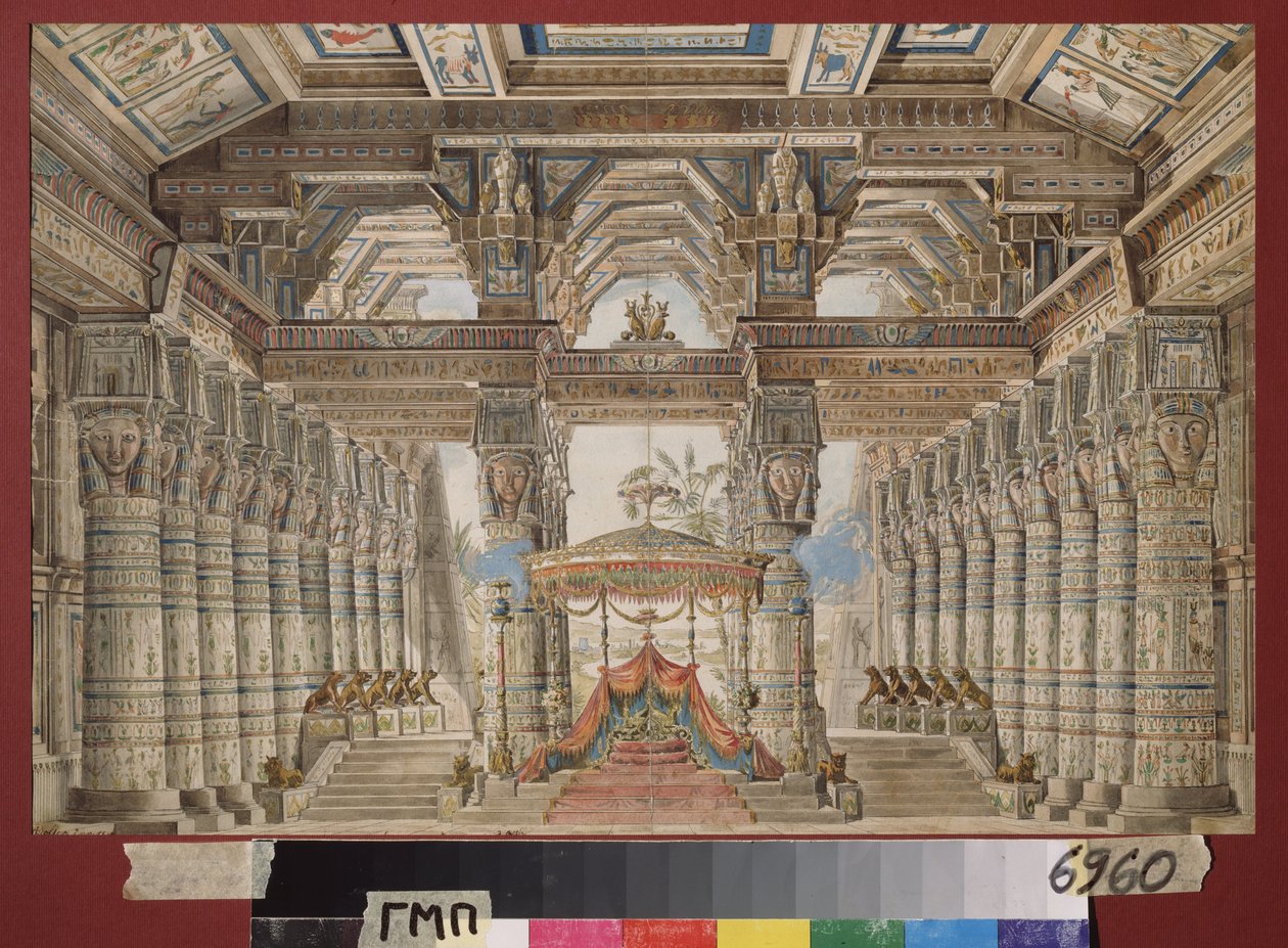 Forberedende indretning til Cesar-balletten i Egypten. Værk af Andreas Leonhard Roller (1805-1891), akvarel og gouache på papir af Andreas Leonhard Roller