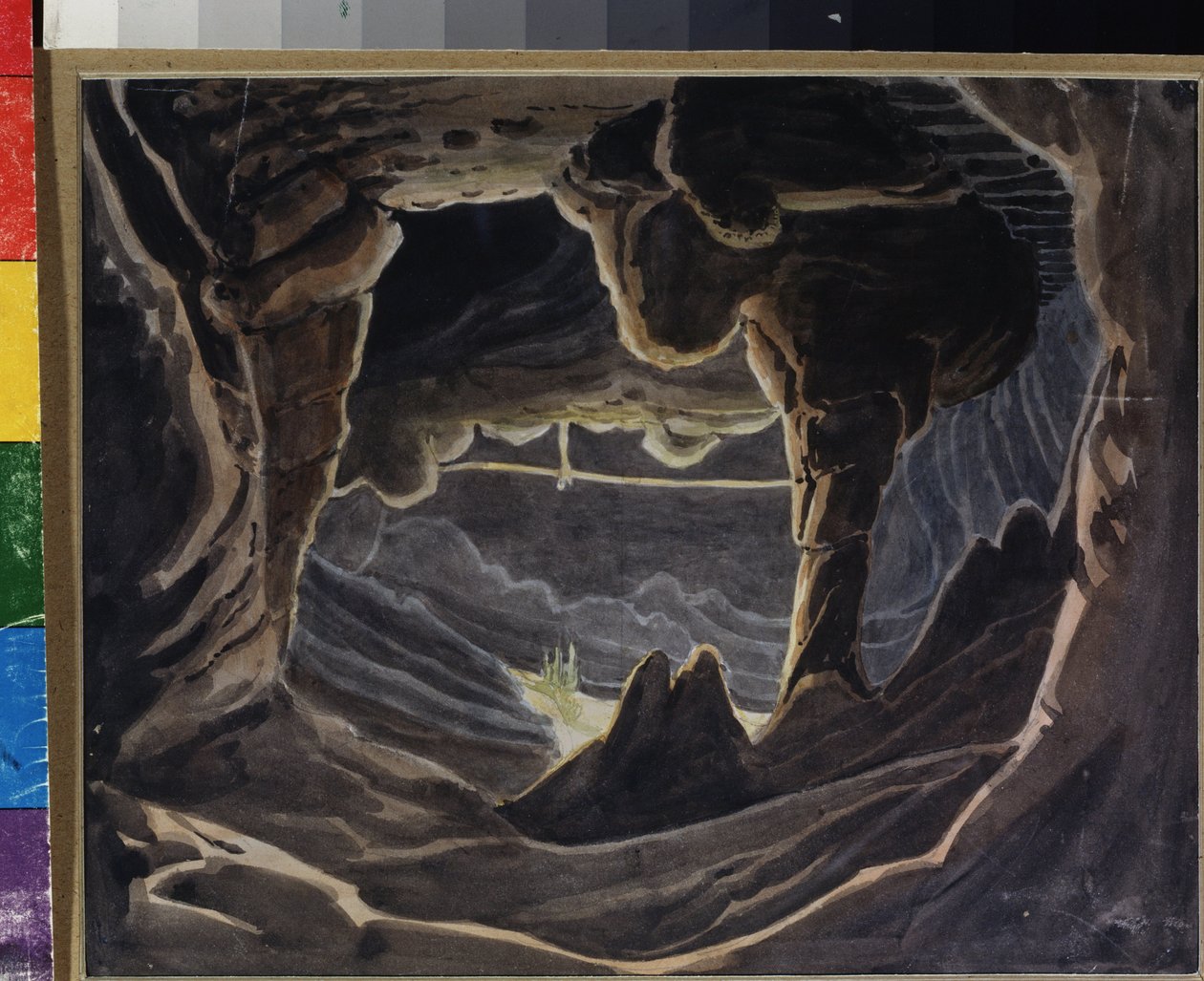 Cave - Forberedende indretning til operaen "Rouslan og Lyudmila" af Mikhail Glinka (1804-1857) (Scenedesign til operaen Ruslan og Lyudmila af M Glinka) Værk af Andreas Leonhard Roller (1805-1891), akvarel og gouache på papir af Andreas Leonhard Roller