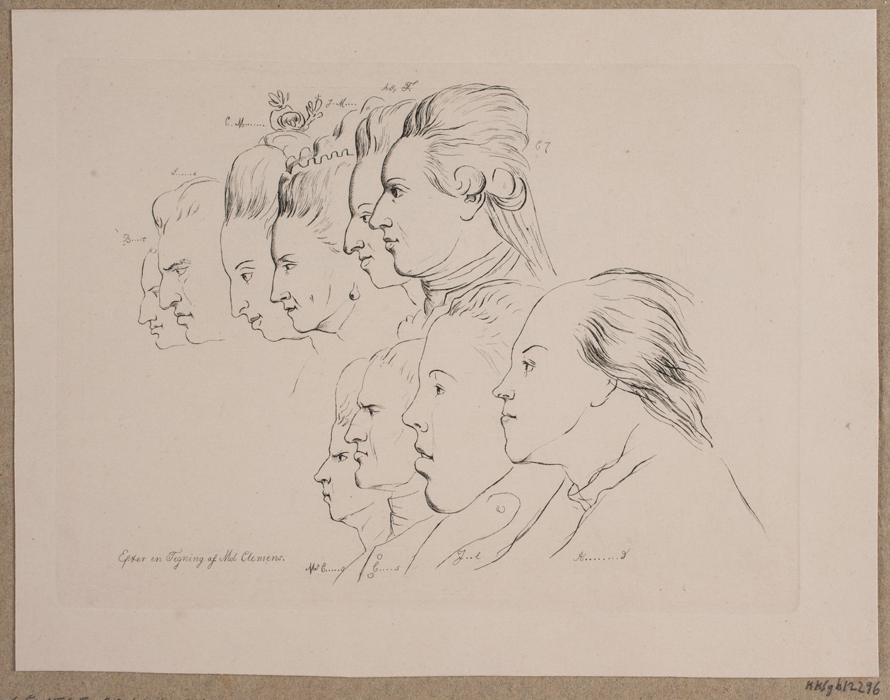 10 portrætter: Enevold Brandt, Johann Friedrich Struensee, Caroline Mathilde, Julieane Marie, Arveprins Frederik, Christian VII, Marie Jeanne Clemens, J. F. Clemens, Jens Juel og Nicolai Abildgaard af Andreas Peter Madsen