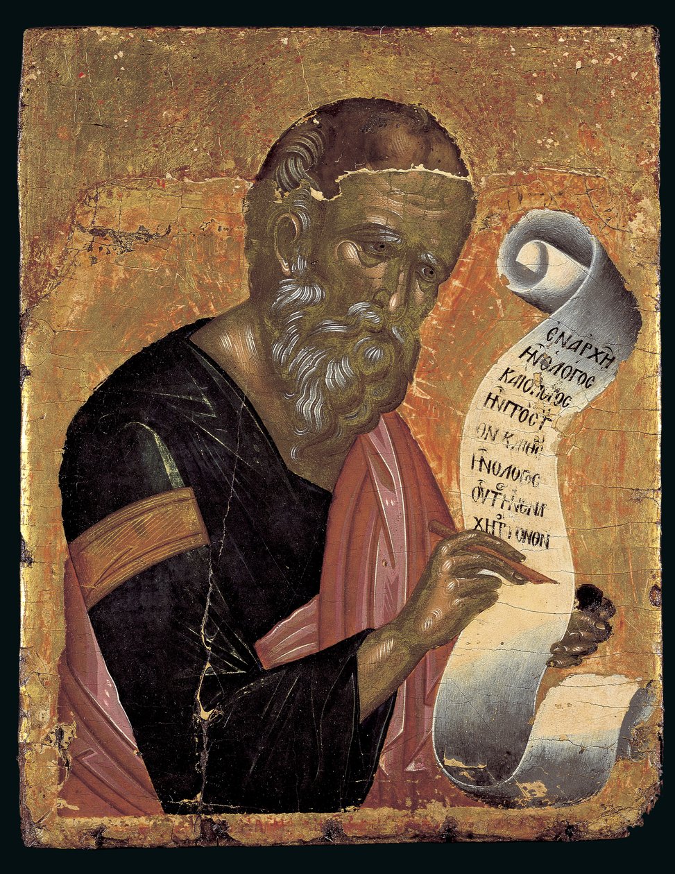 St. Johannes teologen, skriver sine åbenbaringer på en åben rulle (ægtempera på panel) af Andreas Rico