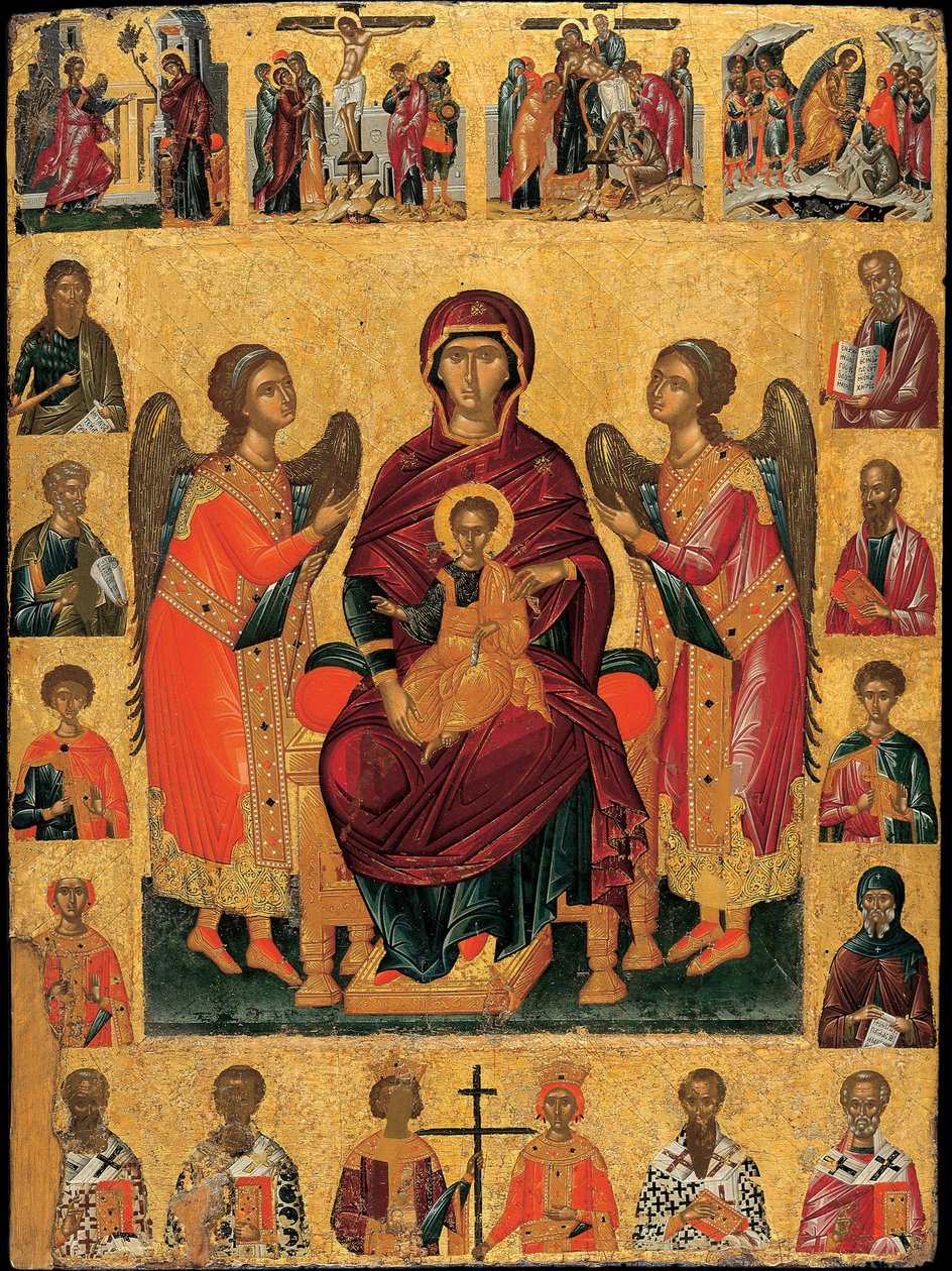 Jomfruen og barnet på tronen (med to engle er scenen indrammet af evangelisternes og helgenernes skikkelser, overvundet af passionens scener og nedenunder, kirkens patriarker) (Jomfruen og barnet på tronen) - Ikon af Andreas af Andreas Ritzos