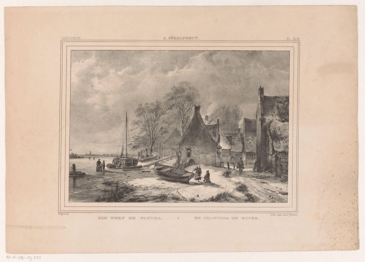 Frosset flod nær landsbyen En gård om vinteren / Un chantier en hiver (titel på objekt) af Andreas Schelfhout