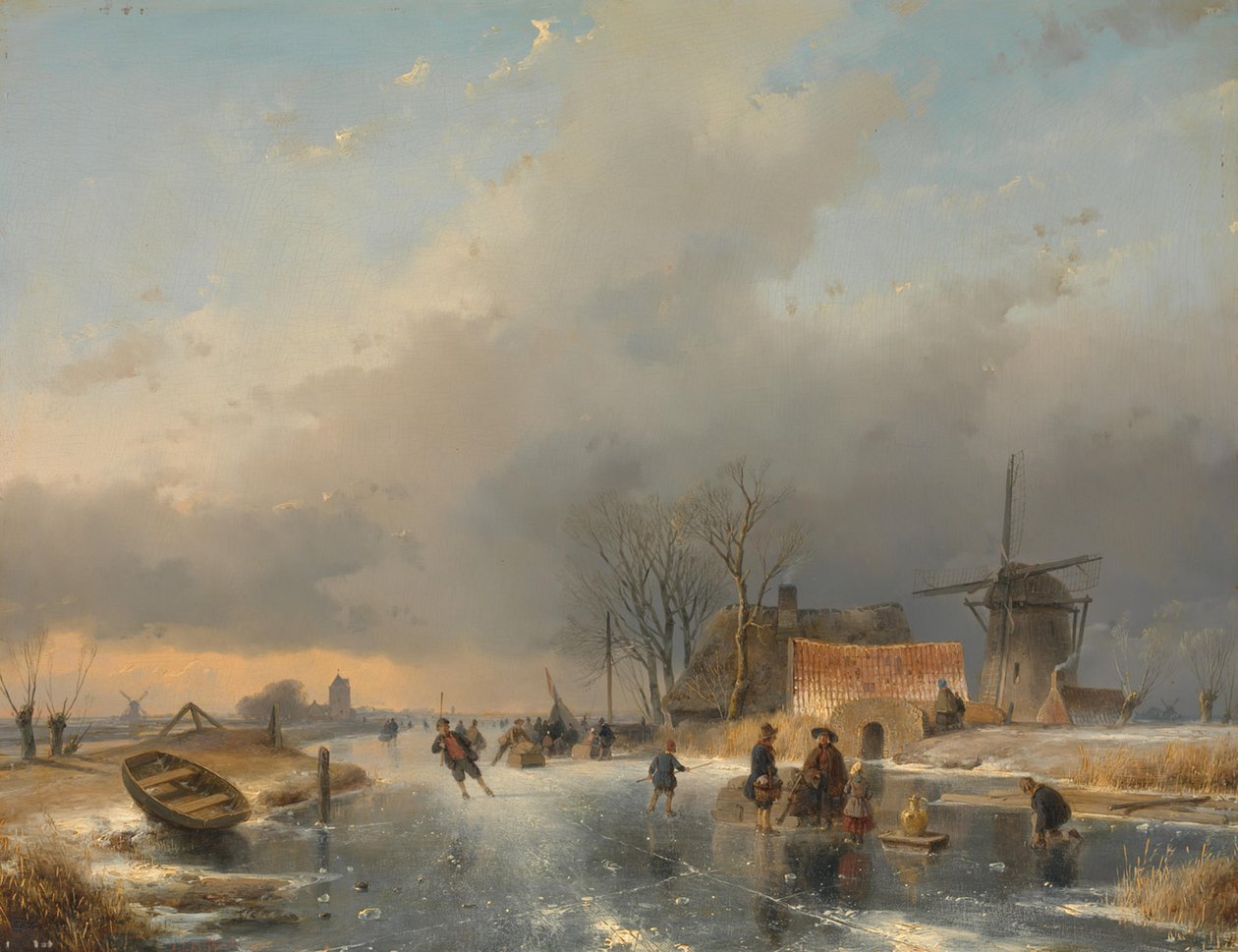 Et vinterlandskab, til højre en mølle og boliger ved en frossen kanal af Andreas Schelfhout