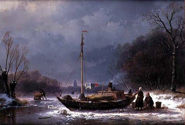 Bønder ved en båd på en frossen flod (olie på lærred) af Andreas Schelfhout