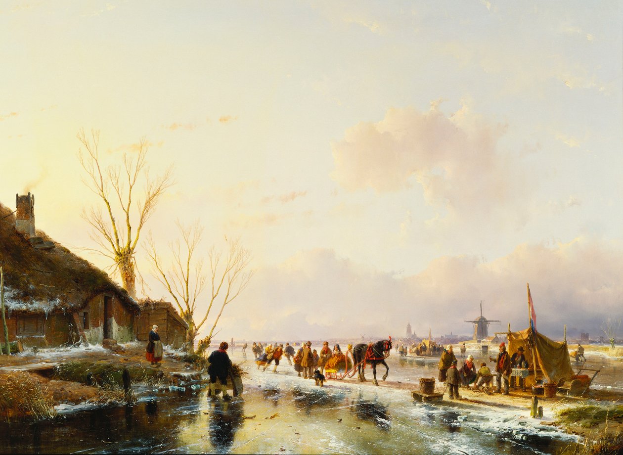 Skatere ved en bod på en frossen flod, 1850 af Andreas Schelfhout