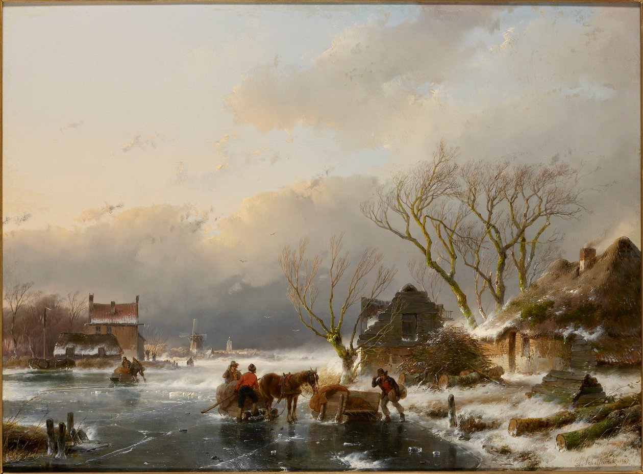 Vinterlandskab med en frossen flod, 1847. af Andreas Schelfhout