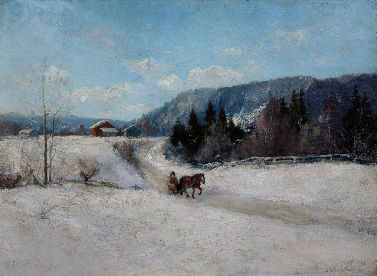 Vinterlandskab ved Skaugum bakke af Andreas Singdahlsen
