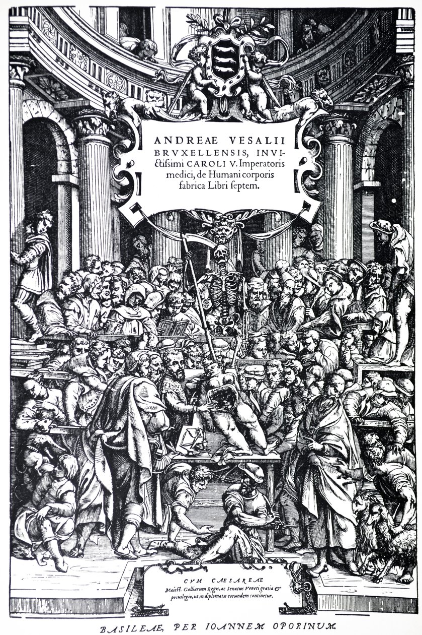 Titelside til anden udgave af De Humani Corporis Fabrica, Plade 3, 1555 af Andreas Vesalius