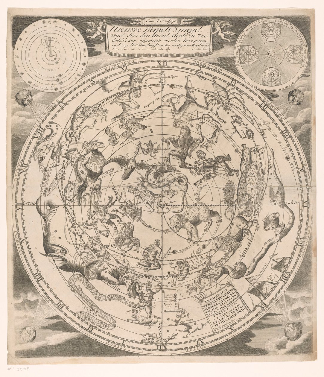 Himmelkort med de nordlige stjernebilleder Nyt himmelsk spejl: hvor gennem himmel, jord og hav straks (...) (titel på objekt) af Andreas van Luchtenburg (possibly)
