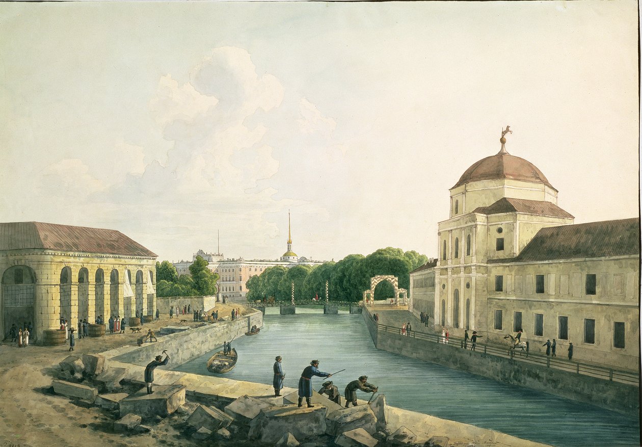 Udsigt over Moika-floden ved Imperial Stables, 1809 (wc og blæk) af Andrei Yefimovich Martynov