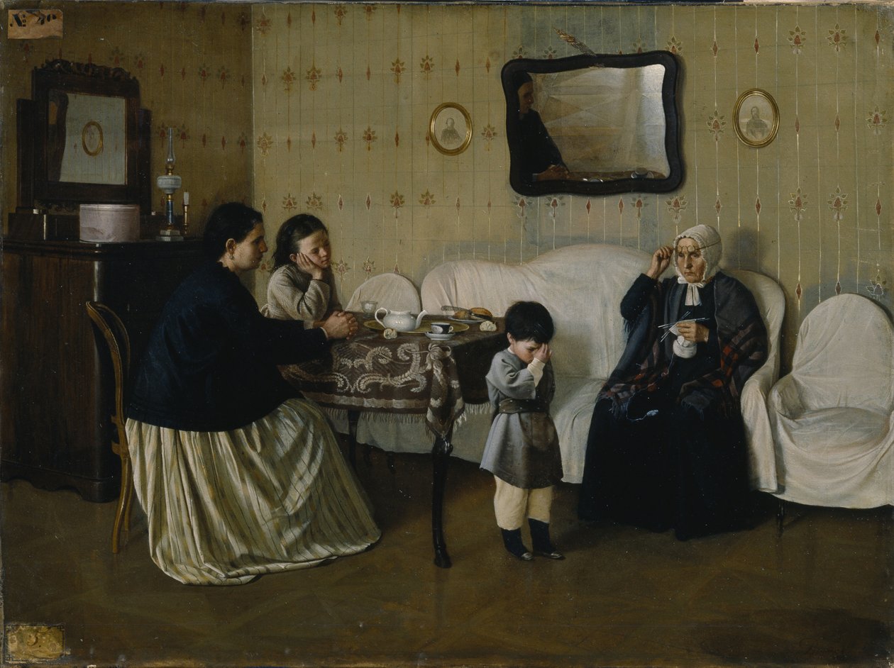 En familiemorgen. Lær barnet at bede, 1871 af Andrei Antipovich Rumyantsev