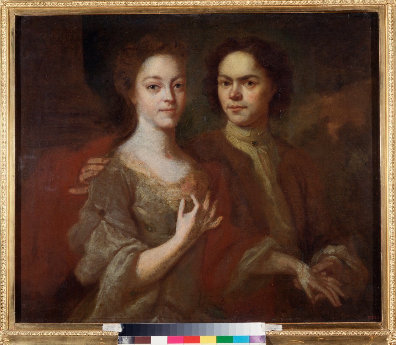 Selvportræt med sin kone (Self Portrait with the Wife) - Maleri af Andrei Matveyevich Matveyev (Matveiev) (1701-1739), olie på lærred, ca. 1729 - Russisk kunst, 1700-talsportræt - Statens russiske museum, Sankt Petersborg af Andrei Matveyev