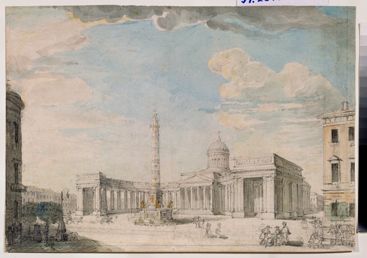 La cathedrale Notre Dame de Kazan (Notre-Dame-de-Kazan) a Sankt Petersborg (Kazan-katedralen i Skt. Petersborg) - Værk af Andrei Nikiforovich Voronikhin (Voronikhine) (1759-1814), blyant og akvarel på papir, omkring 1800, Russisk kunst 18.-19. århundrede,  af Andrei Nikiforovich Voronikhin