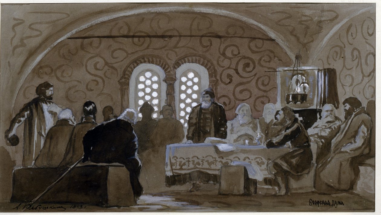 Dumaen på Boyarernes tid (boiards, boiars) (The Boyar Duma). Rådgivende råd for prinser af Kievan Rus (Ruthenia) på tidspunktet for zar Michael I af Rusland (1596-1645). Værk af Andrei Petrovich Ryabushkin (Riaboutchkine) (1861-1904), aquare af Andrei Petrovich Ryabushkin