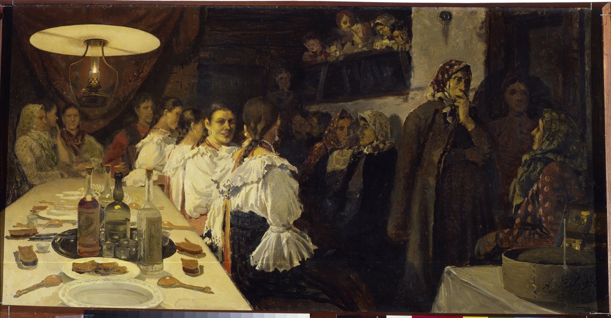 Venter på brudeparrets tilbagevenden fra en kirke i Novgorod-provinsen. Maleri af Andrei Petrovich Ryabushkin (Riabutchkin) (1861-1904), olie på lærred af Andrei Petrovich Ryabushkin