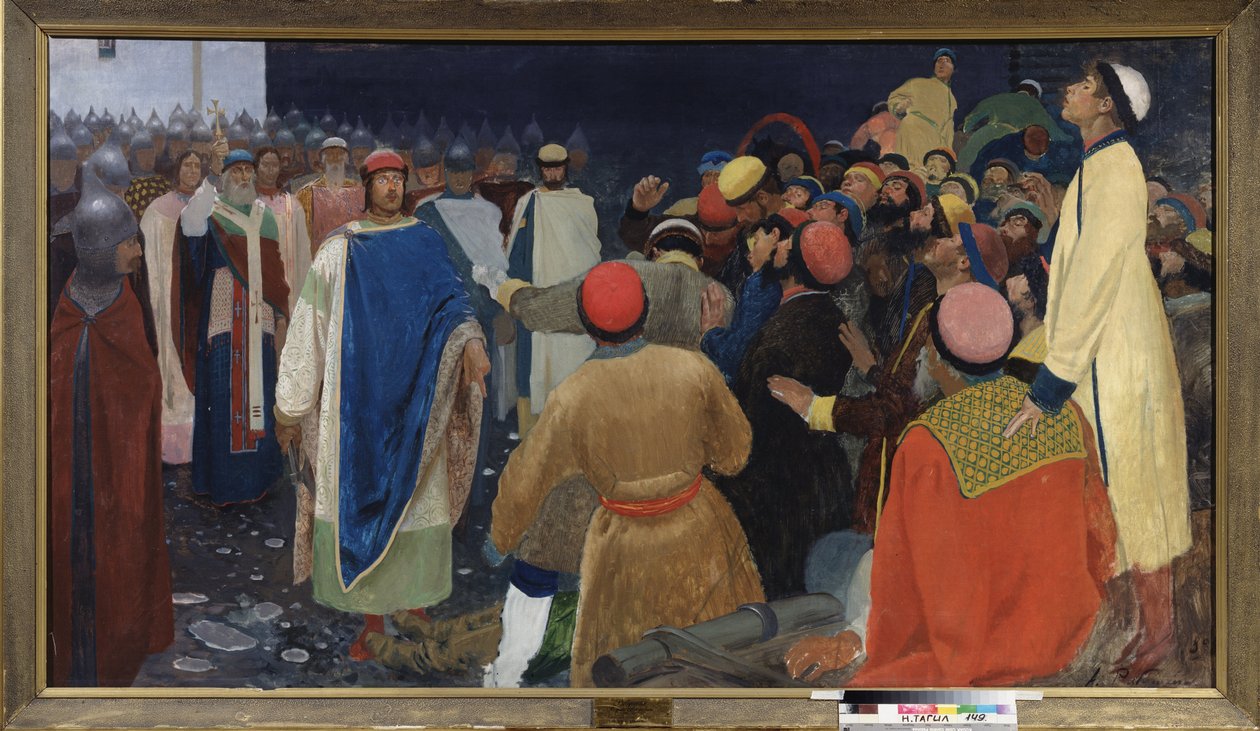 Prins Gleb Sviatoslavitch (død 1079) dræber en volkhve (slavisk spådomsmagiker) ved en veche i Novgorod. Maleri af Andrei Petrovich Ryabushkin (Riabutchkin) (1861-1904), olie på lærred af Andrei Petrovich Ryabushkin