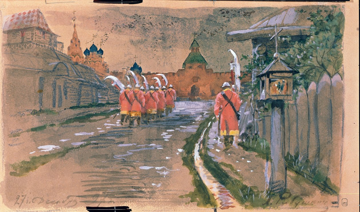Gadepatrulje ved Ilyinsky-porten i det gamle Moskva. Værk af Andrei Petrovich Ryabushkin (Riaboutchkine) (1861-1904), akvarel på papir af Andrei Petrovich Ryabushkin
