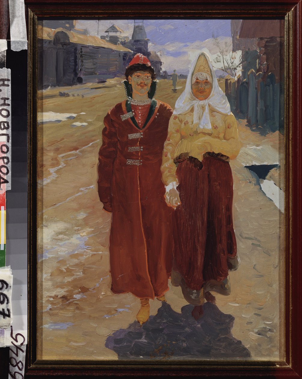 Besøgsudflugt. (par elegante Boyars (boiards, boiars) i traditionelt tøj, går ned ad gaden i en landsby med træhuse.) Maleri af Andrei Petrovich Ryabushkin (Riaboutchkine) (1861-1904), olie på lærred af Andrei Petrovich Ryabushkin