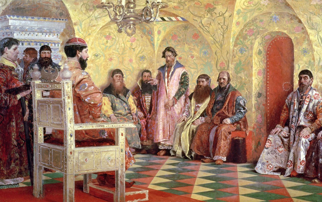 Zar Mikhail Fyodorovich (1596-1645) med Boyars Sitting in His Room, 1893 af Andrei Petrovich Ryabushkin