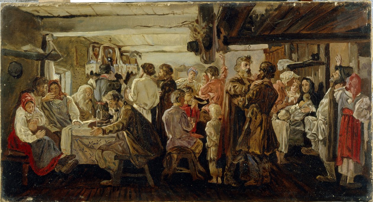 Et bondebryllup i Tambov-regionen (Rusland). (Bønderbryllup i Tambov-regionen). Maleri af Andrei Petrovich Ryabushkin (Riaboutchkine) (1861-1904), olie på lærred, ca. 1880. Russisk kunst fra det 19. århundrede. Statens Tretyakov-galleri, Moskva. af Andrei Petrovich Ryabushkin