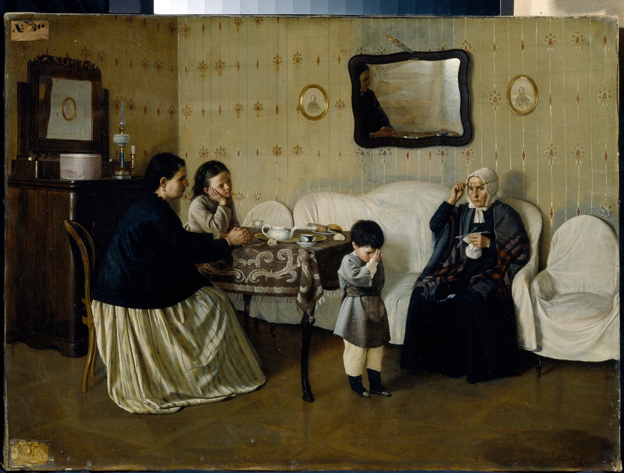 A Family Morning, Teach Child to Pray - Maleri af Andrei Antipovich Rumyantsev (?-1907), olie på lærred af Andrei Rumyantsev