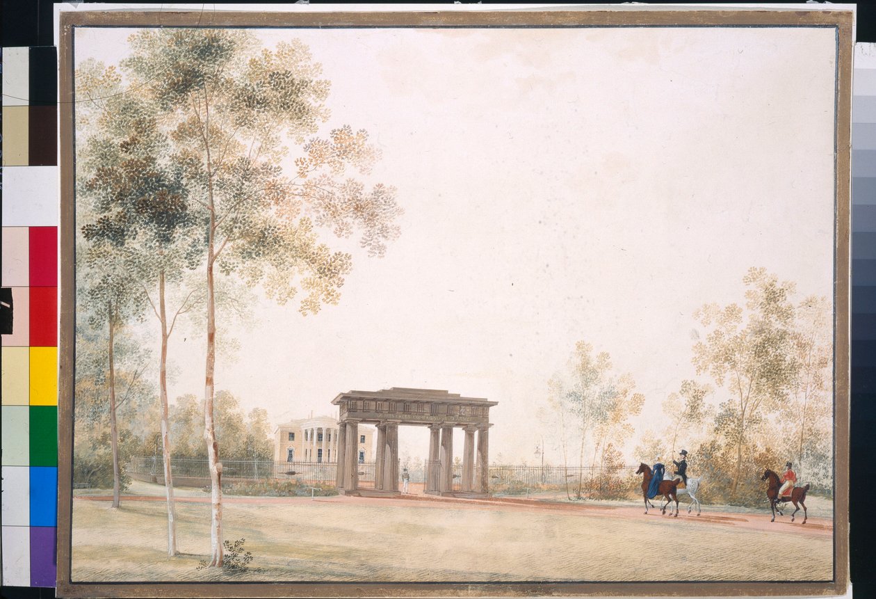 ""Porten til parken i Tsarskoye Selo"" af Andrei Yefimovich Martynov (1768-1826), Gouache på papir efter 1821, 38,5x51,5, Tretyakov-galleriet, Moskva af Andrei Yefimovich Martynov