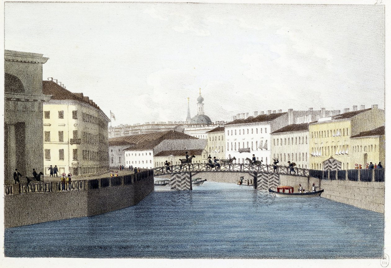 Le pont Bolshoi Koniushennyi a Sankt Petersborg. (Bolshoi Koniushennyi-broen i Sankt Petersborg). Lithographie et aquarelle af Andrei Yefimovich Martynov (1768-1826) af Andrei Yefimovich Martynov