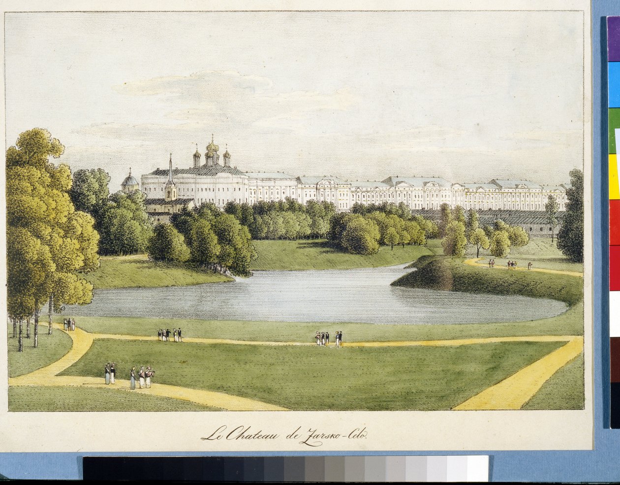 ""Katrinepaladset i Tsarskoye Selo"" af Andrei Yefimovich Martynov (1768-1826), Litografi, akvarel af Andrei Yefimovich Martynov