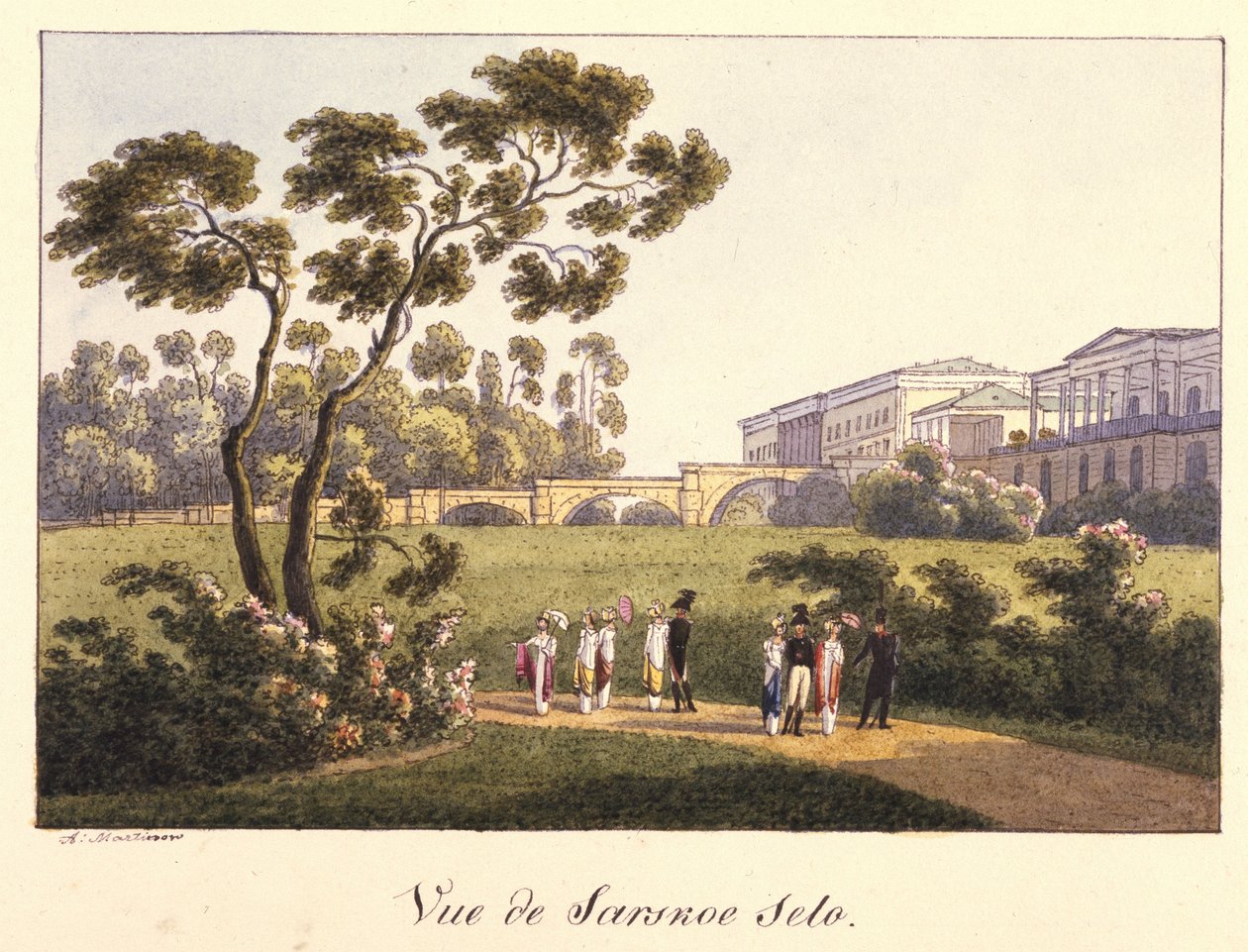 Udsigt over Cameron Gallery i parken i Tsarskoye Selo, før 1817 af Andrei Yefimovich Martynov