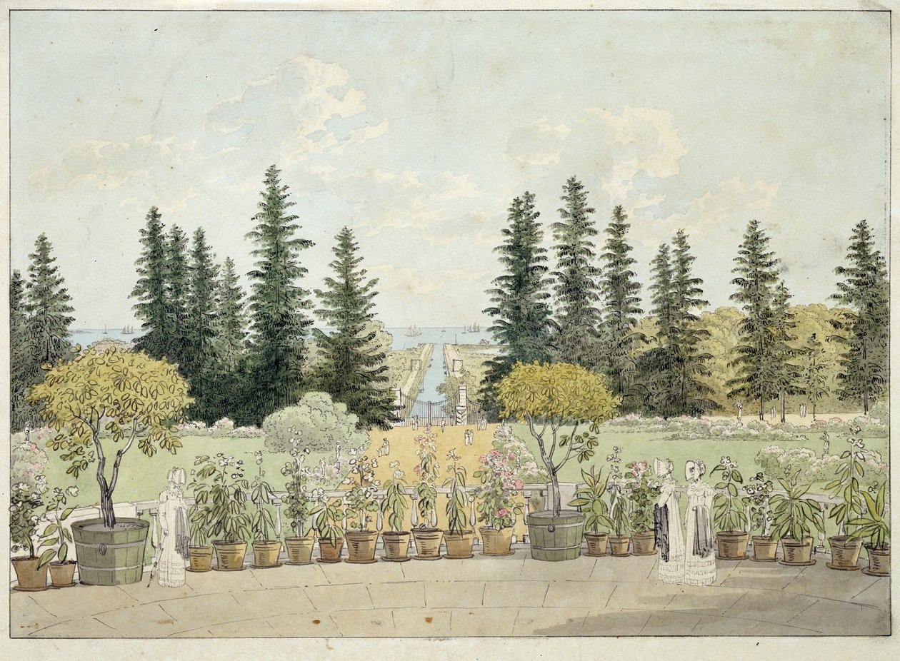 Udsigt fra terrassen til det store Oranienbaum-palads i Lomonossov, byområdet Sankt Petersborg (Udsigt fra terrassen til det store Oranienbaum-palads). Værk af Andrei Yefimovich Martynov (1768-1826), akvarel på papir af Andrei Yefimovich Martynov