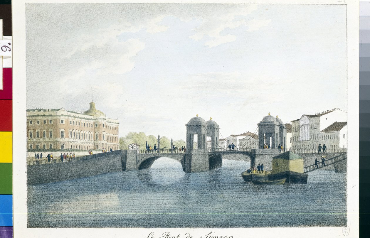 Udsigt over Simeon-broen i Sankt Petersborg. (Simeonbroen i Sankt Petersborg). Litografi og akvarel af Andrei Yefimovich Martynov (1768-1826) af Andrei Yefimovich Martynov